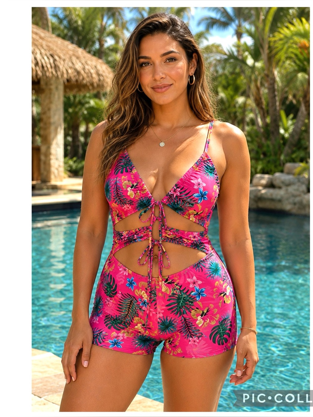 Tropical Floral Cutout Swim Romper One Piece Swimsuit Pink Resort 2X